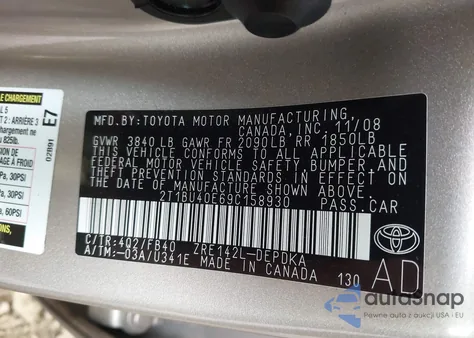 2009 Toyota Corolla Le из США, поврежденный, VIN 2T1BU40E69C158930